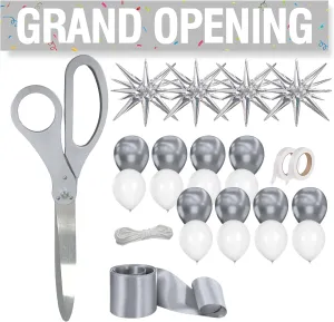 Silver Ribbon Cutting Ceremony Kit - 25 Inch Scissors for Grand Opening Satin Ribbon Silver Star Balloons and Grand Opening Banner for Inaugurations Special Events Ceremonies