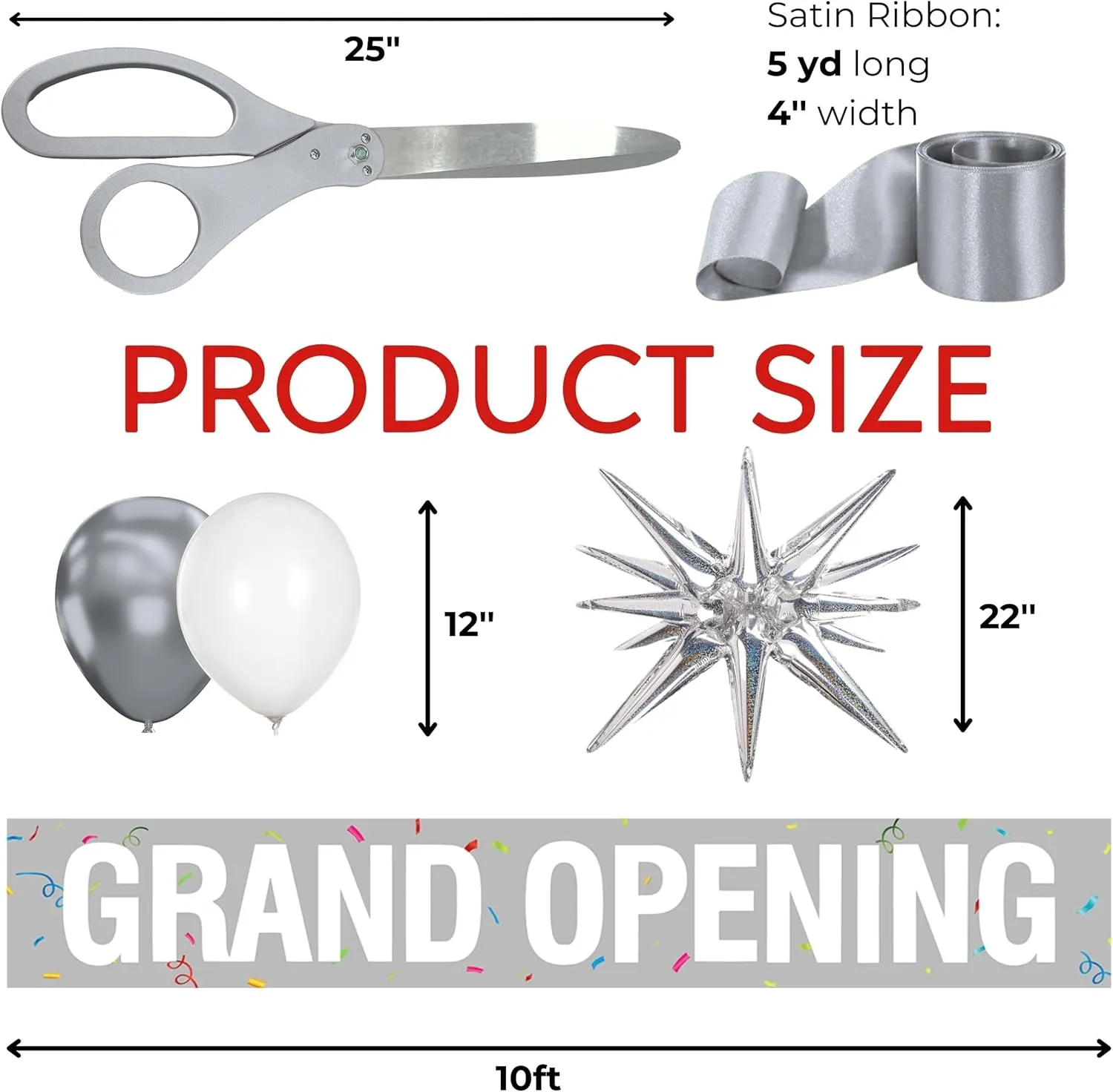 Silver Ribbon Cutting Ceremony Kit - 25 Inch Scissors for Grand Opening Satin Ribbon Silver Star Balloons and Grand Opening Banner for Inaugurations Special Events Ceremonies