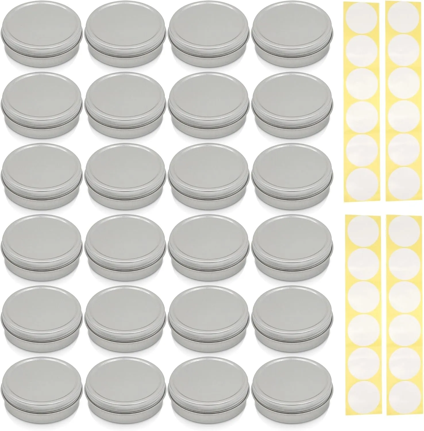 SimbaLux Screw Top Round Steel Tin Cans 2 oz (60ml) with Self Adhesive White Round Stickers, 24 Pack