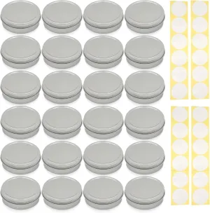 SimbaLux Screw Top Round Steel Tin Cans 2 oz (60ml) with Self Adhesive White Round Stickers, 24 Pack