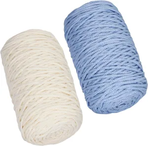 SIMEIQI 2 PCS 400g Beige Sky Blue 100% Cotton Yarn Hollow Knitted Crochet Yarn,328 Yards Fabric Yarn Round Rope Yarn for DIY Handbag Purse Basket Cushion Crochet Bag