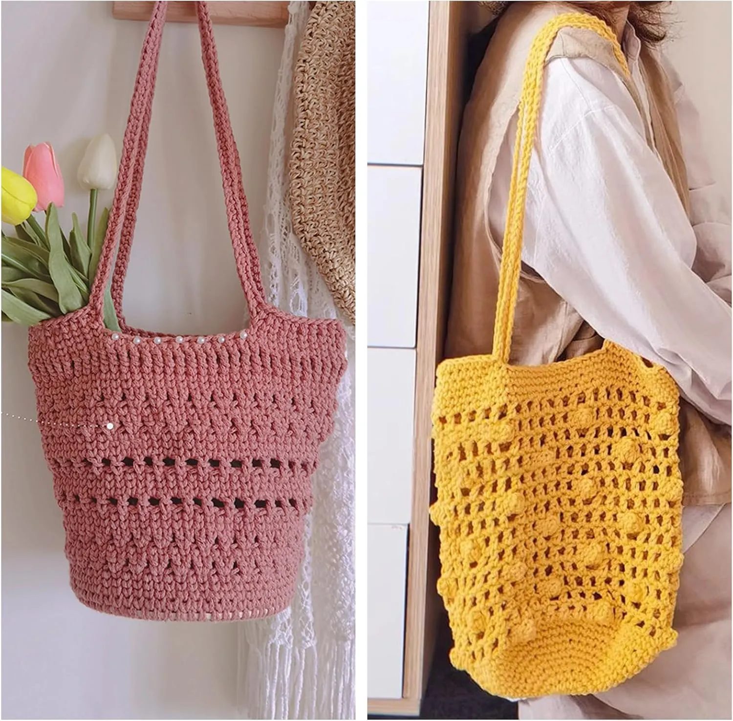 SIMEIQI 2 PCS 400g Beige Sky Blue 100% Cotton Yarn Hollow Knitted Crochet Yarn,328 Yards Fabric Yarn Round Rope Yarn for DIY Handbag Purse Basket Cushion Crochet Bag