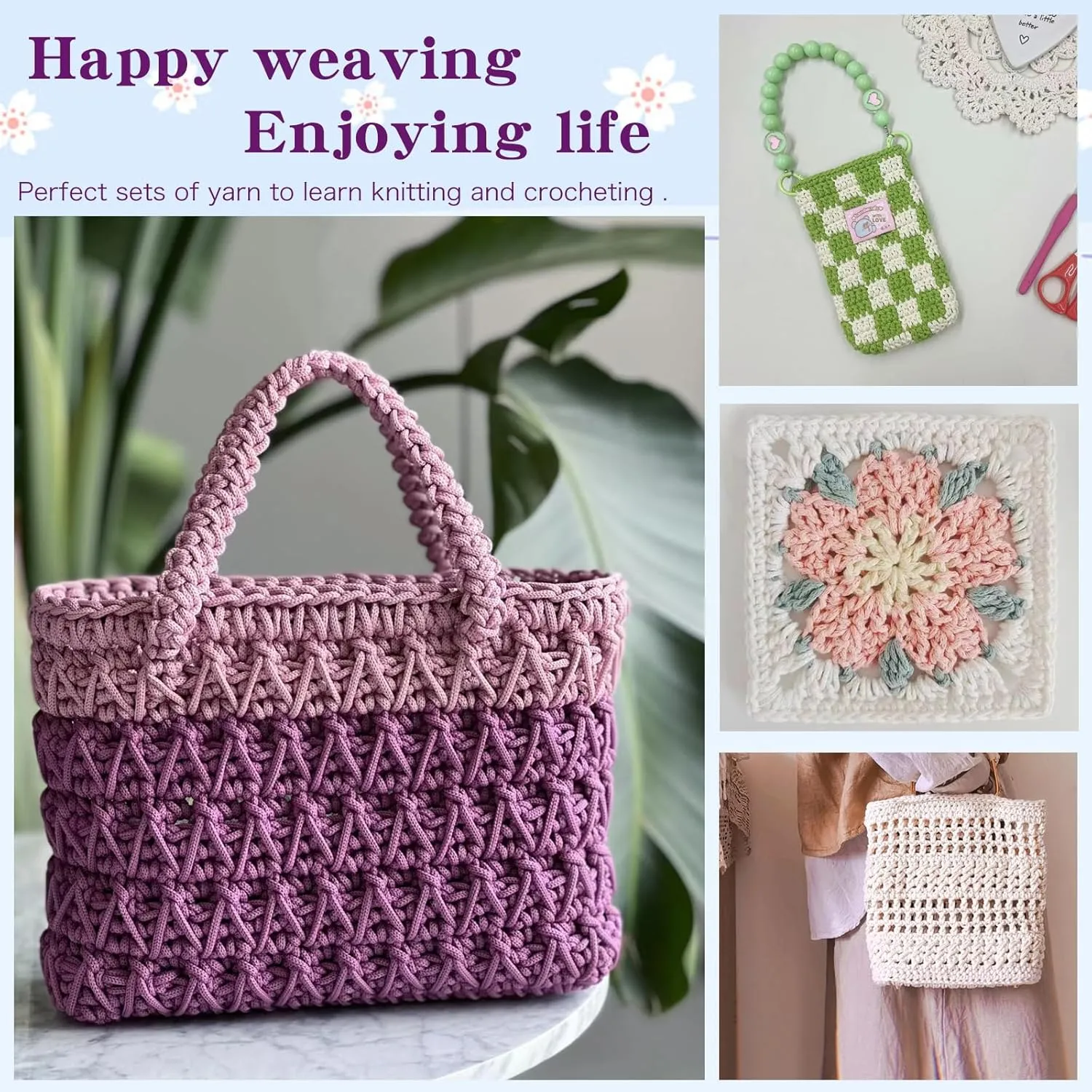 SIMEIQI 2 PCS 400g Beige Sky Blue 100% Cotton Yarn Hollow Knitted Crochet Yarn,328 Yards Fabric Yarn Round Rope Yarn for DIY Handbag Purse Basket Cushion Crochet Bag