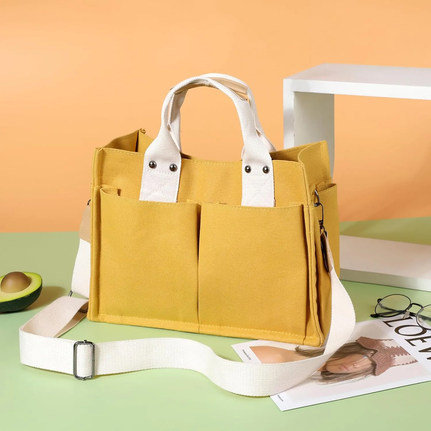 Simple and Fashionable Multi Pocket Canvas Tote Bags for Women