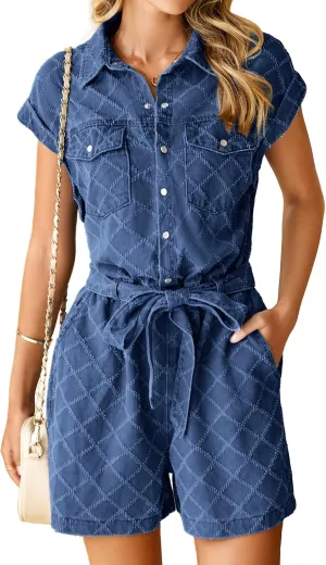 Simplee Womens 2025 Denim Romper Casual Short Sleeve Cargo Jean Romper Overall Shorts With Pockets