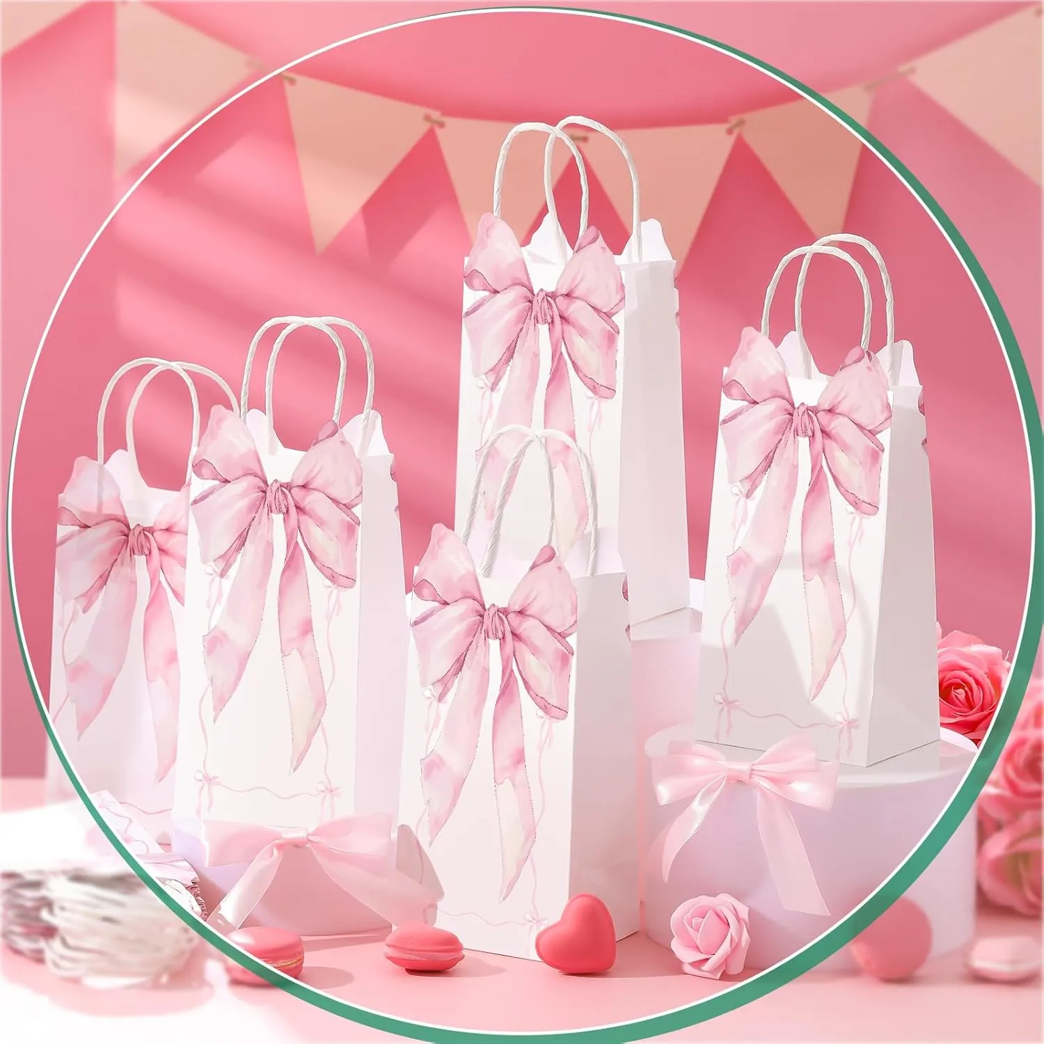 Skyygemm 16 Pcs Pink Bow Paper Gift Bags with Handles Small Cute Bowknot Coquette Treat Goodie Candy Bags for Women Birthday Wedding Bridal Shower Engagement Party Favor Supplies(Elegant)
