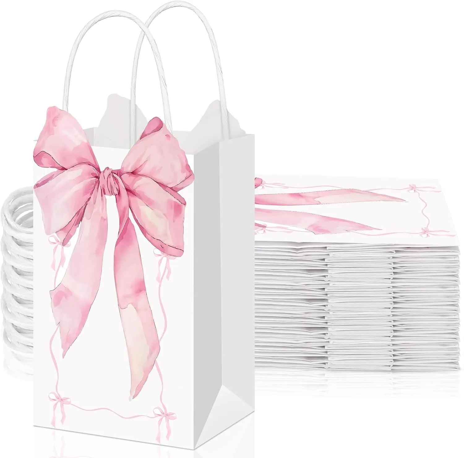 Skyygemm 16 Pcs Pink Bow Paper Gift Bags with Handles Small Cute Bowknot Coquette Treat Goodie Candy Bags for Women Birthday Wedding Bridal Shower Engagement Party Favor Supplies(Elegant)