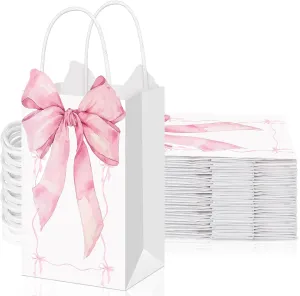 Skyygemm 16 Pcs Pink Bow Paper Gift Bags with Handles Small Cute Bowknot Coquette Treat Goodie Candy Bags for Women Birthday Wedding Bridal Shower Engagement Party Favor Supplies(Elegant)