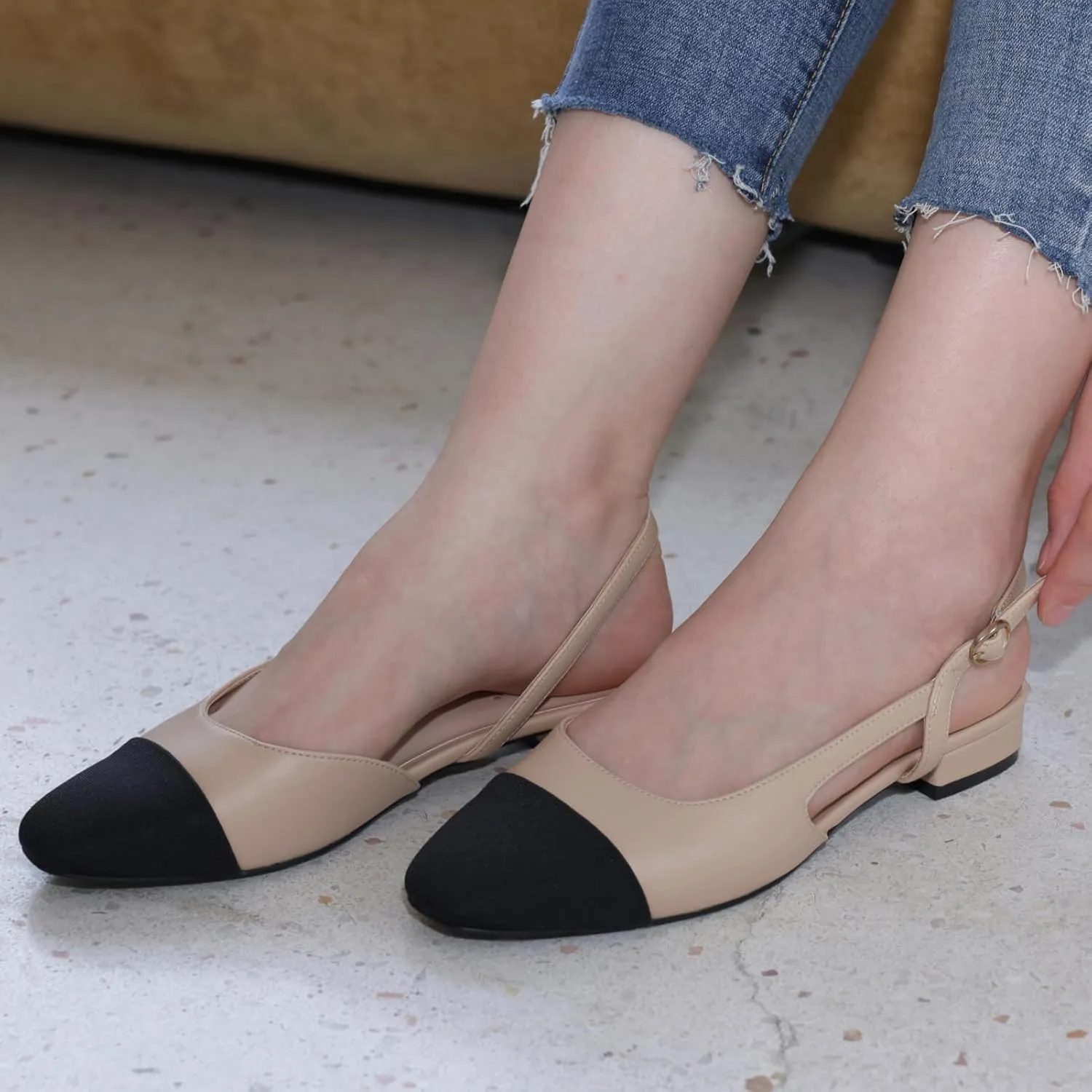 Slingback Flats for Women 2.0 Square Toe Two Toned Flats Wedding Shoes Low Heel Pumps for Women
