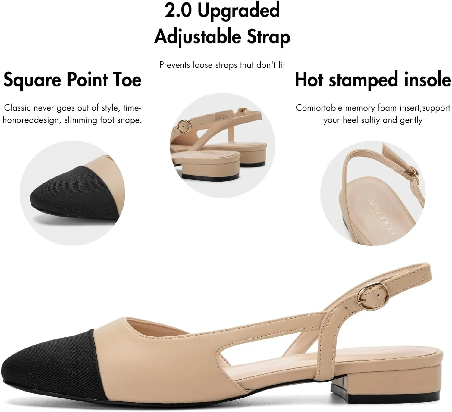 Slingback Flats for Women 2.0 Square Toe Two Toned Flats Wedding Shoes Low Heel Pumps for Women