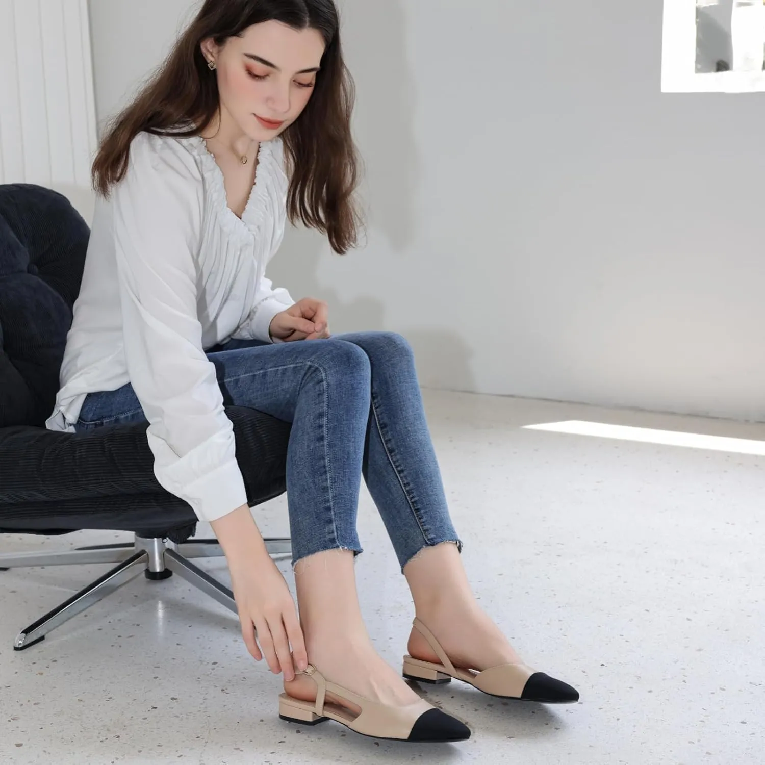Slingback Flats for Women 2.0 Square Toe Two Toned Flats Wedding Shoes Low Heel Pumps for Women