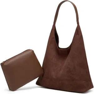 Slouchy Suede Shoulder Bags for Women Large Tote Purse Retro Soft Handbag Casual Work Ladies Top Handle Satchel 2pcs