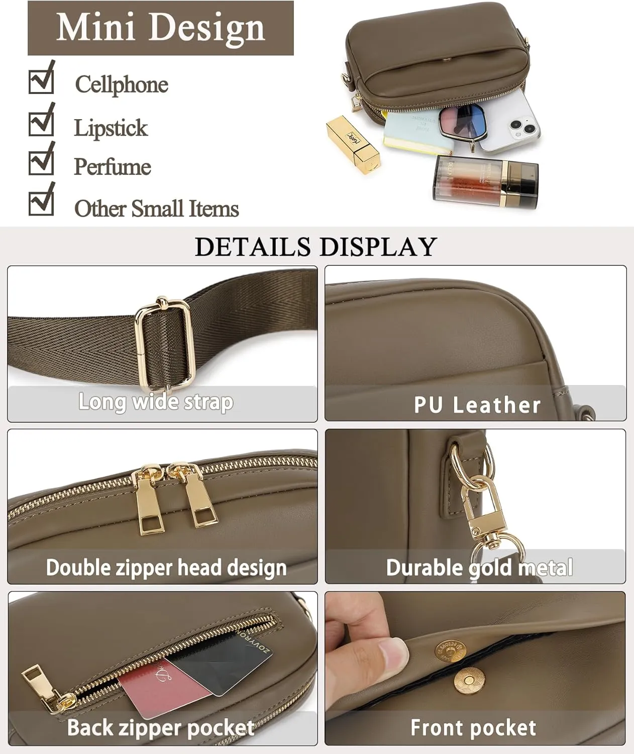 Small Crossbody Bags for Women Vegan Leather Cell phone Purses Mini Shoulder Handbags with Wide Strap