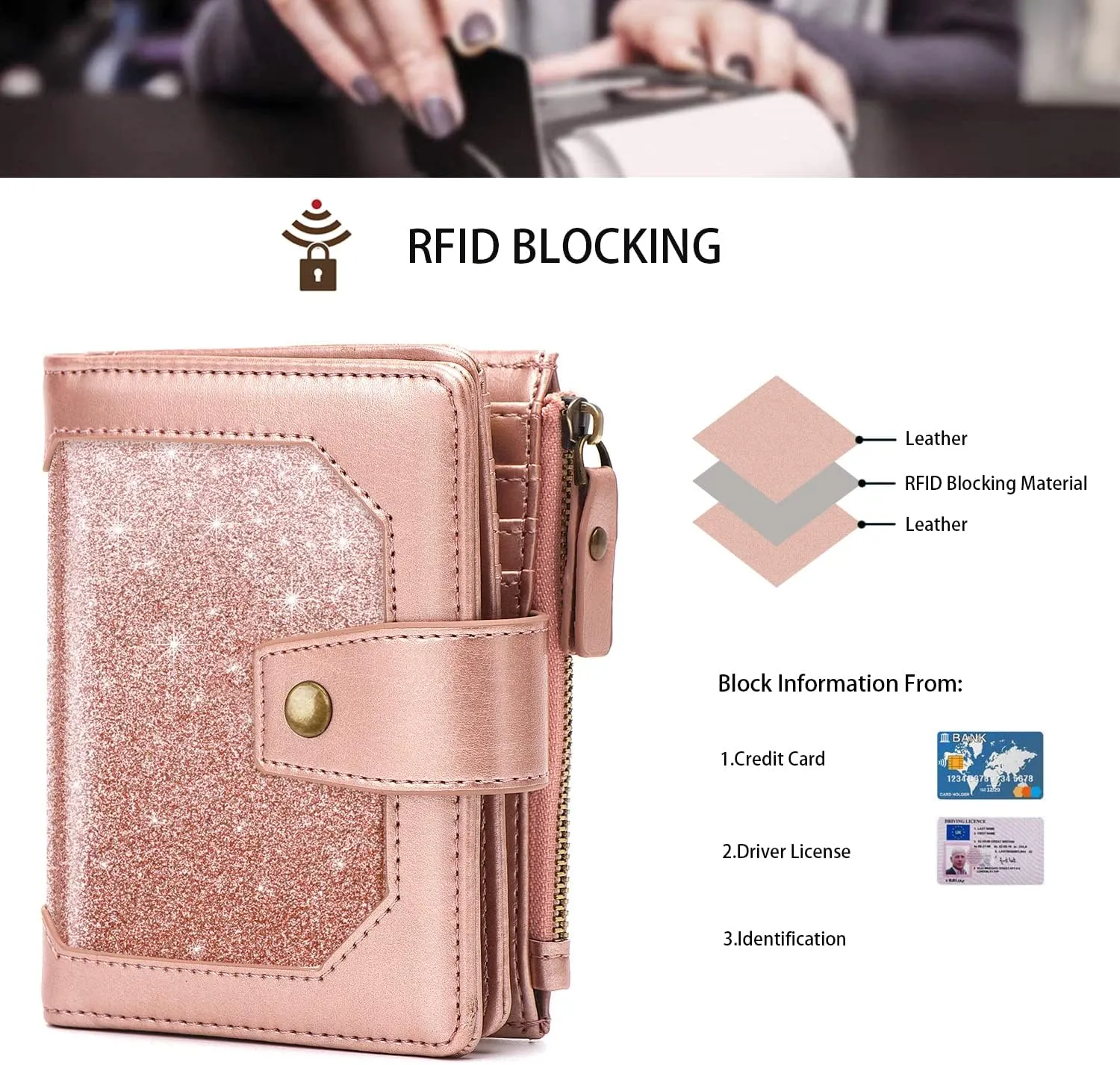 Small Glitter Women Wallet,Bifold Purse RFID Blocking Credit Card Holder Wallet with Zipper Pocket,Rose Gold Glitter