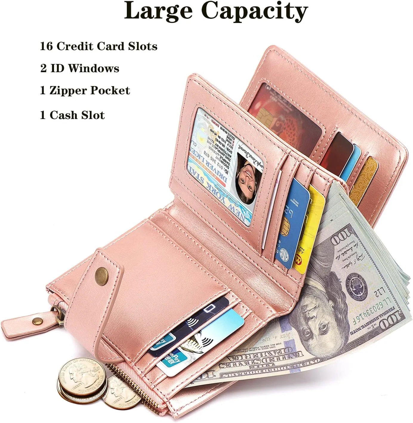 Small Glitter Women Wallet,Bifold Purse RFID Blocking Credit Card Holder Wallet with Zipper Pocket,Rose Gold Glitter