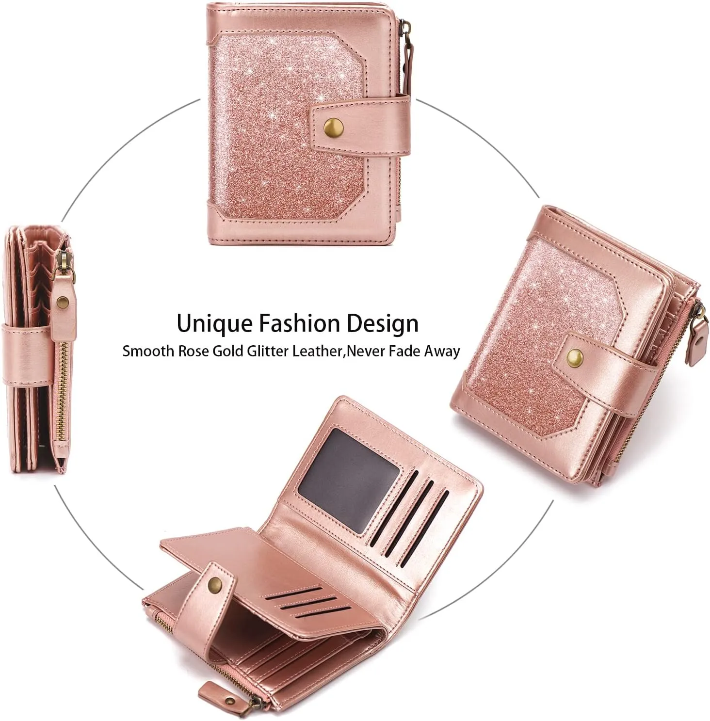 Small Glitter Women Wallet,Bifold Purse RFID Blocking Credit Card Holder Wallet with Zipper Pocket,Rose Gold Glitter