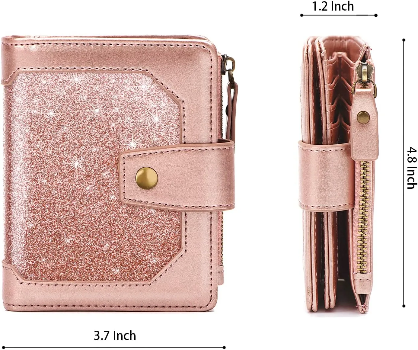 Small Glitter Women Wallet,Bifold Purse RFID Blocking Credit Card Holder Wallet with Zipper Pocket,Rose Gold Glitter