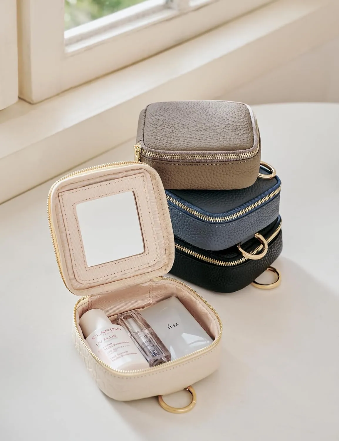 Small Makeup Bag with Mirror, Genuine Leather Mini Cosmetic Bag for Purse Makeup Pouch with Zipper Mini Toiletry Bag Cute Cosmetic Pouch for School, Travel, Car (Cream White)