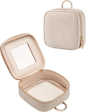 Small Makeup Bag with Mirror, Genuine Leather Mini Cosmetic Bag for Purse Makeup Pouch with Zipper Mini Toiletry Bag Cute Cosmetic Pouch for School, Travel, Car (Cream White)