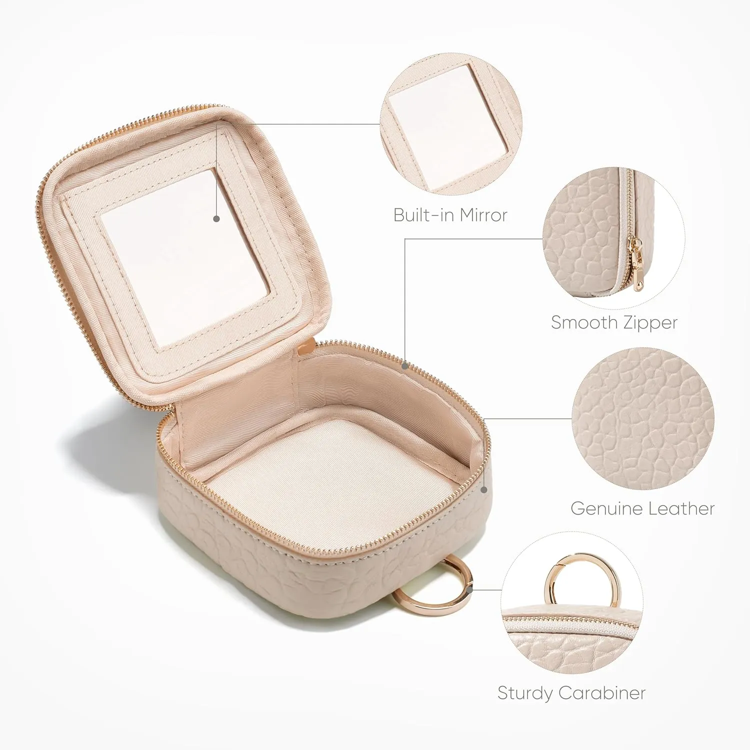 Small Makeup Bag with Mirror, Genuine Leather Mini Cosmetic Bag for Purse Makeup Pouch with Zipper Mini Toiletry Bag Cute Cosmetic Pouch for School, Travel, Car (Cream White)