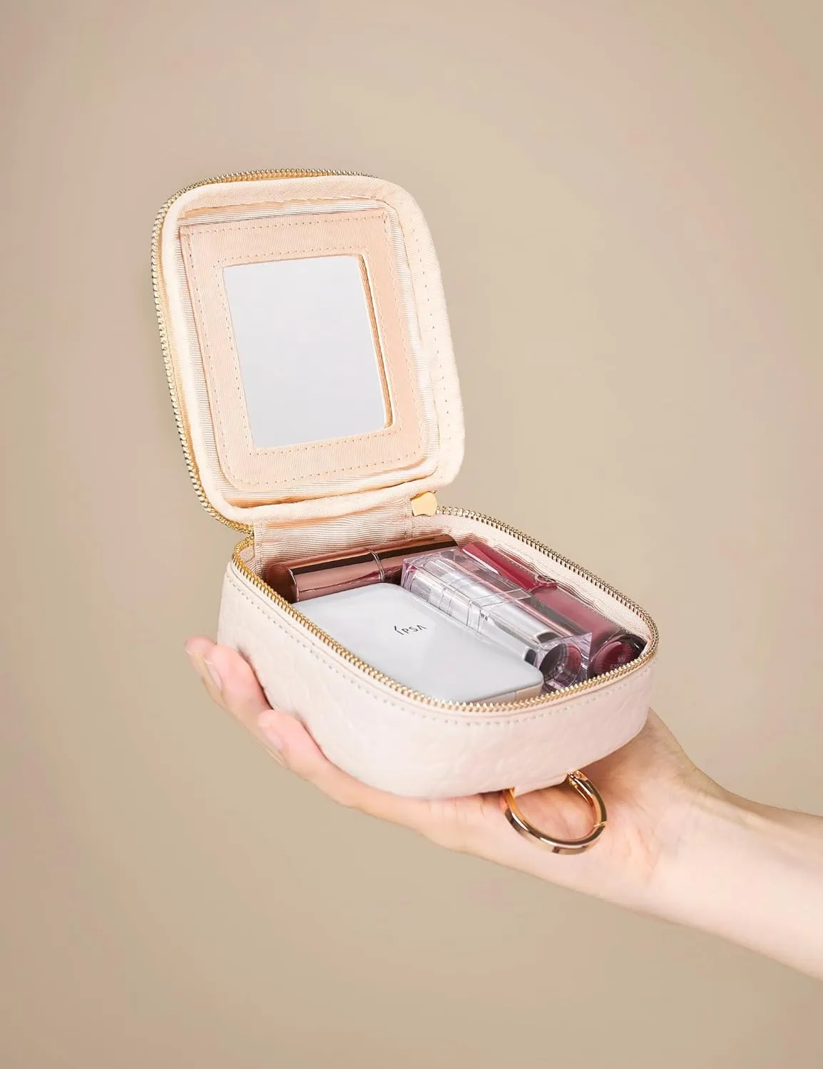 Small Makeup Bag with Mirror, Genuine Leather Mini Cosmetic Bag for Purse Makeup Pouch with Zipper Mini Toiletry Bag Cute Cosmetic Pouch for School, Travel, Car (Cream White)