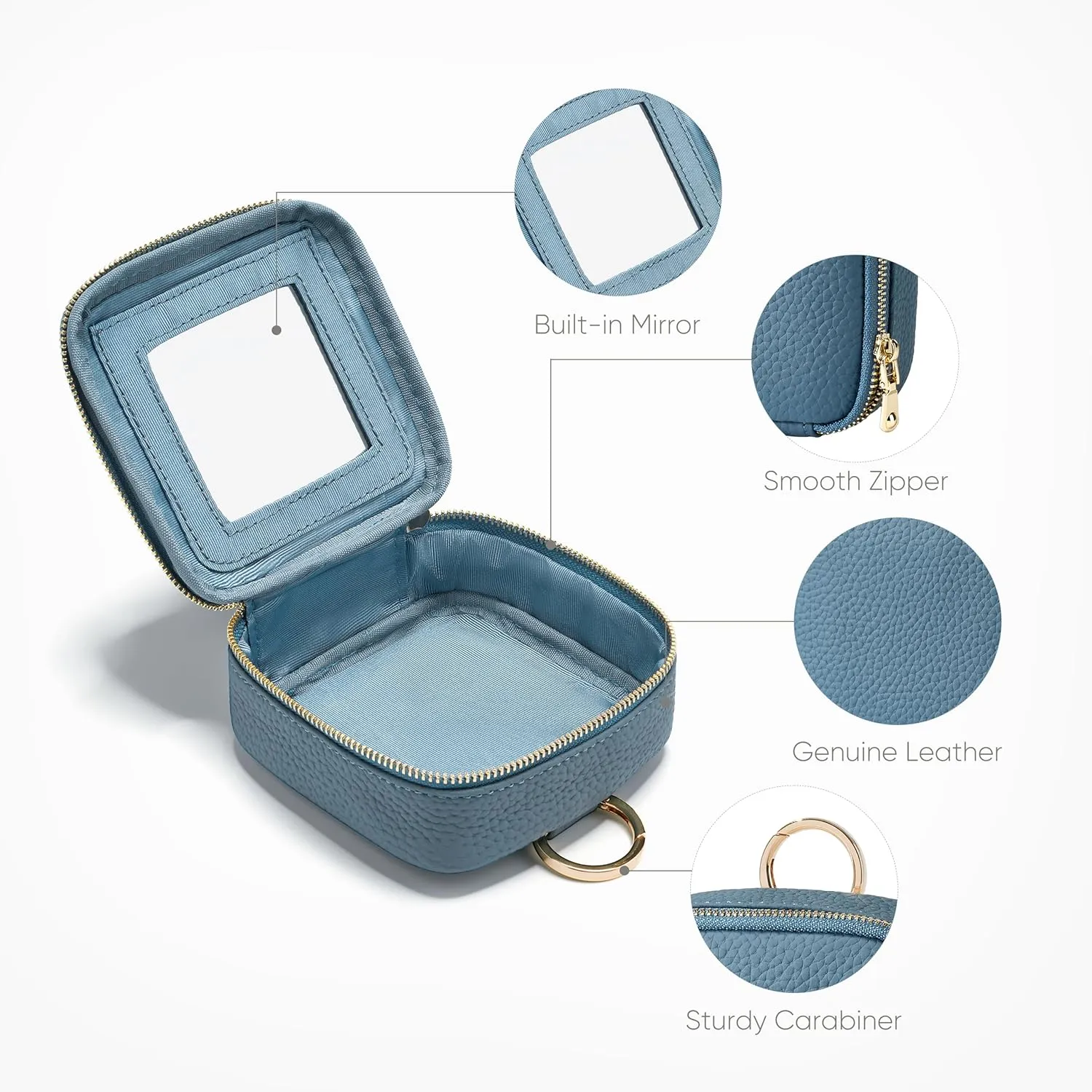 Small Makeup Bag with Mirror, Genuine Leather Mini Cosmetic Bag for Purse Makeup Pouch with Zipper Mini Toiletry Bag Cute Cosmetic Pouch for School, Travel, Car (Denim Blue)