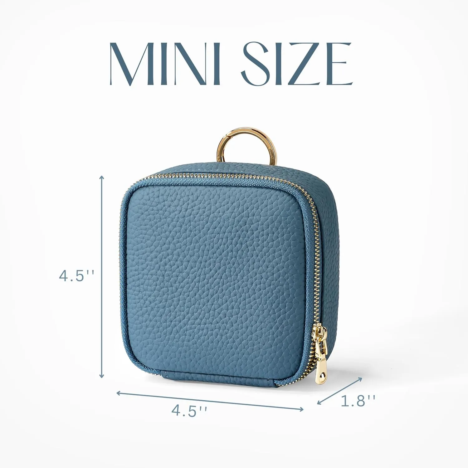 Small Makeup Bag with Mirror, Genuine Leather Mini Cosmetic Bag for Purse Makeup Pouch with Zipper Mini Toiletry Bag Cute Cosmetic Pouch for School, Travel, Car (Denim Blue)