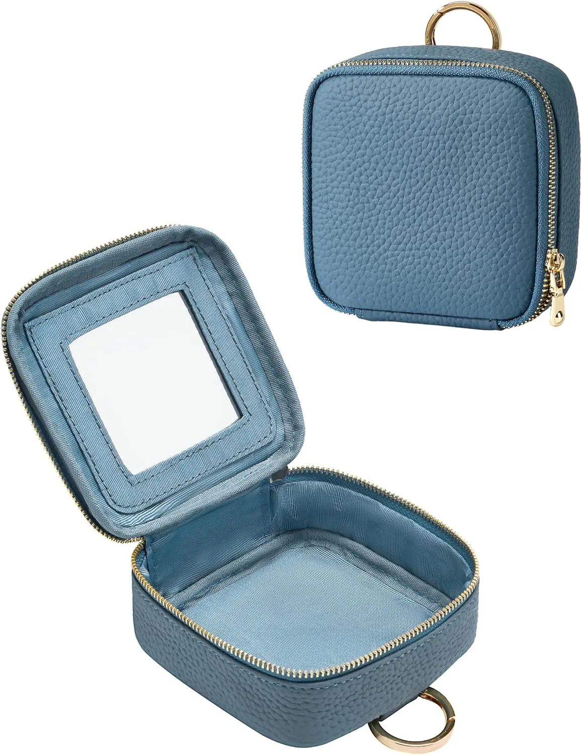 Small Makeup Bag with Mirror, Genuine Leather Mini Cosmetic Bag for Purse Makeup Pouch with Zipper Mini Toiletry Bag Cute Cosmetic Pouch for School, Travel, Car (Denim Blue)