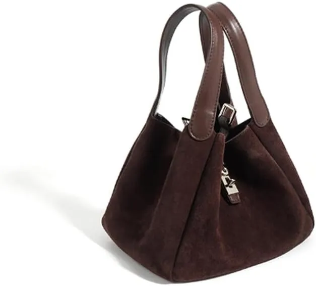 Small Suede Bucket Bags for Women Genuine Leather Suede Shoulder Purse Vintage Top Handle Handbag