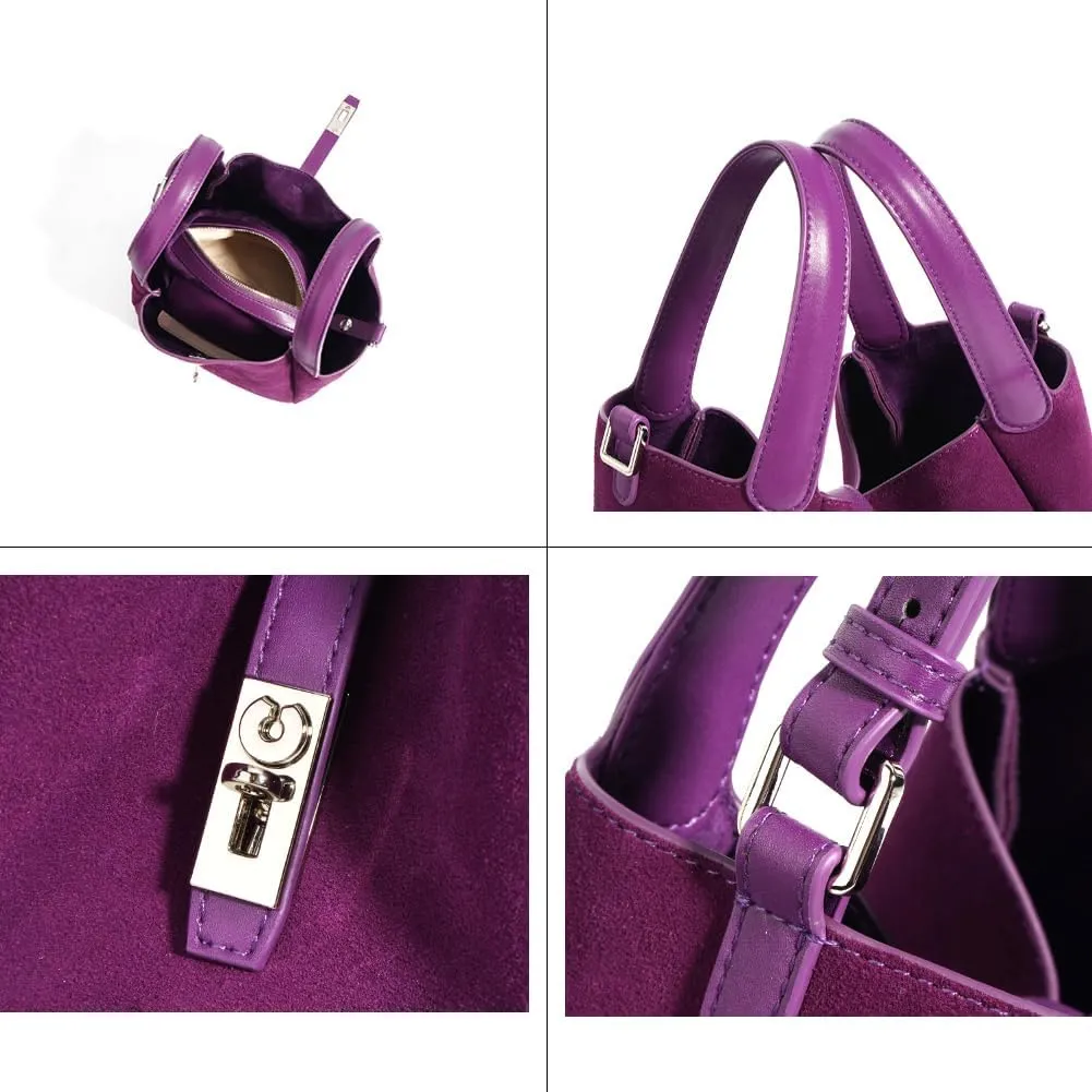 Small Suede Bucket Bags for Women Genuine Leather Suede Shoulder Purse Vintage Top Handle Handbag