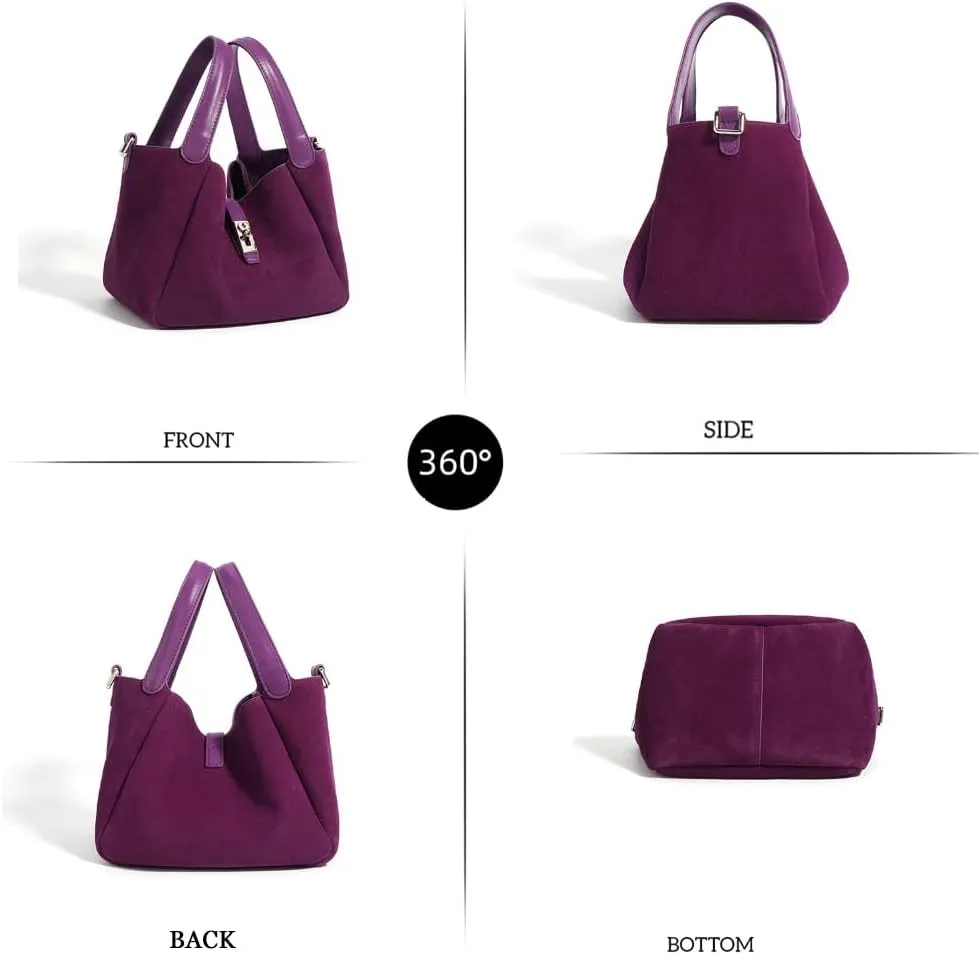 Small Suede Bucket Bags for Women Genuine Leather Suede Shoulder Purse Vintage Top Handle Handbag