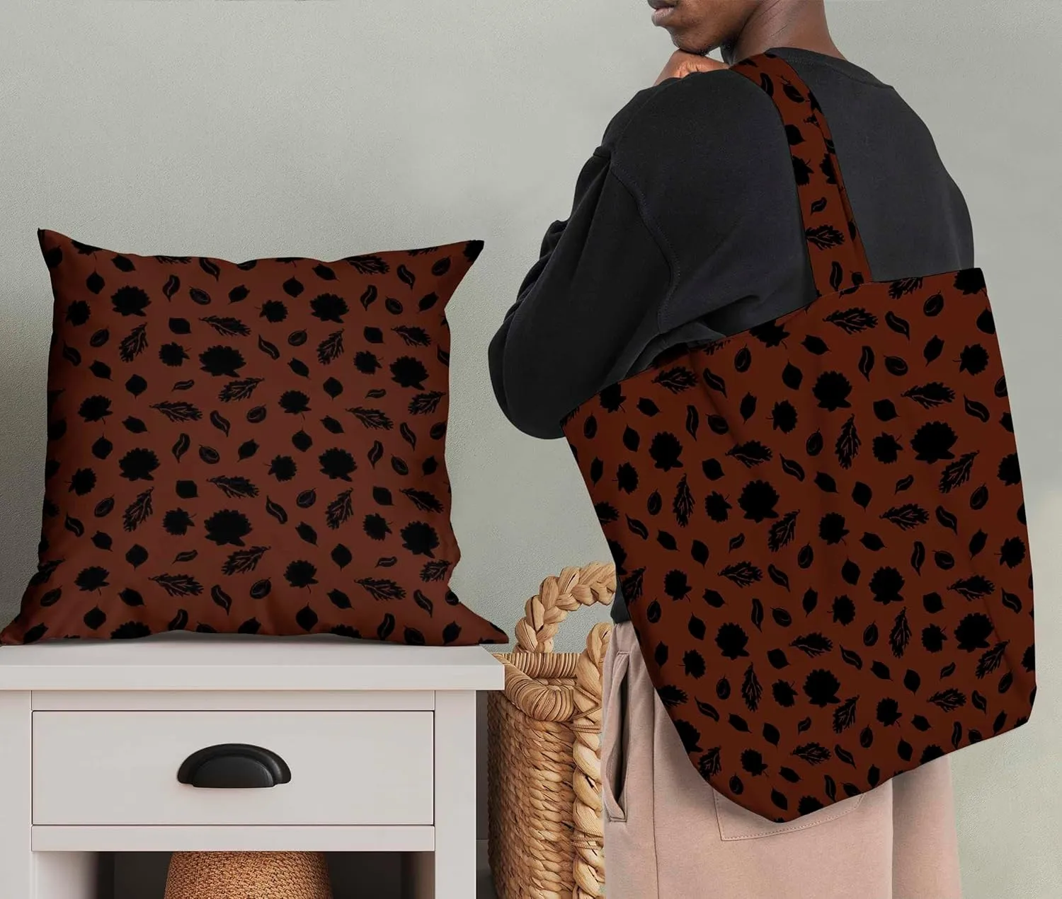 Soimoi Leaves & Lotus Print - Brown, Canvas Fabric Material - 56 Inch Wide, 1 Yard, Unstitched Fabric for Upholstery, Bags, Workwear and Outdoor Gear.