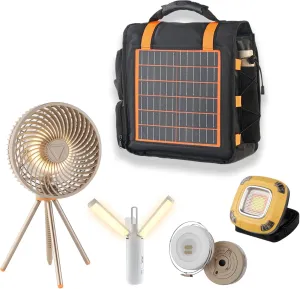 Solar Panel Charging Bag for Outdoor Camping, 10W 5V Charge for Phones and Device,Contains 1 Rechargeable Folding Fan and 3 Different Rechargeable Camping Lamps, 5 in 1 Camping Essentials Handbag