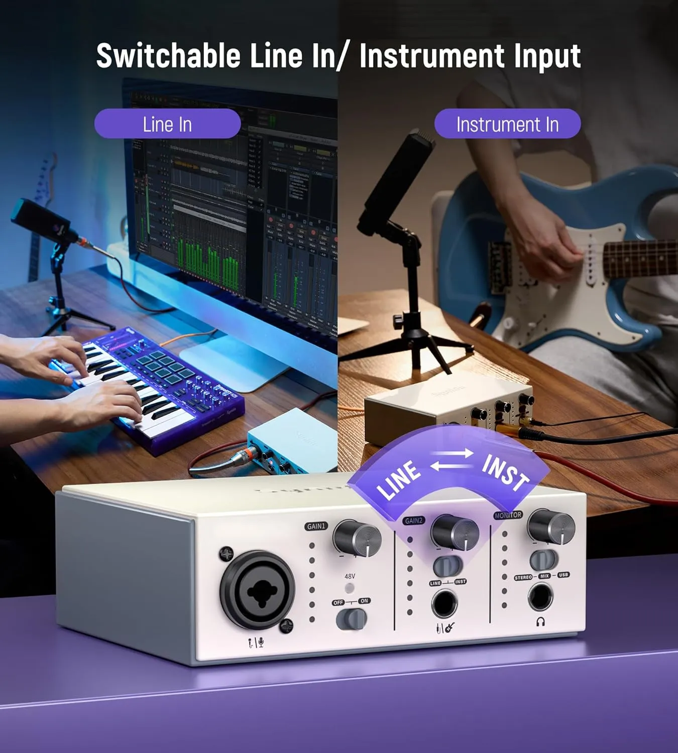 Solo USB C Audio Interface Bundle for Recording Music, Streaming, Podcasting with XLR, Line Input, 24bit/48kHz, 48V Phantom Power, Dynamic Microphone, OTG Adapter, Silver