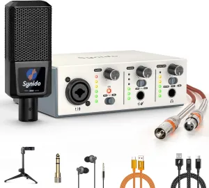 Solo USB C Audio Interface Bundle for Recording Music, Streaming, Podcasting with XLR, Line Input, 24bit/48kHz, 48V Phantom Power, Dynamic Microphone, OTG Adapter, Silver