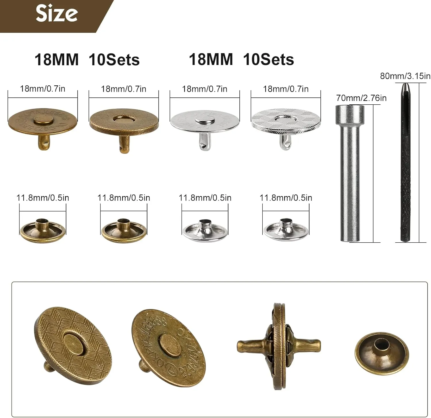 Sopnom 20 Sets 18MM Magnetic Buttons Clasp Snaps Fastener with Install Tool Magnetic Round Snaps DIY Craft Buttons Kit for Sewing, Craft, Purses, Bags, Clothes, Leather (Round)