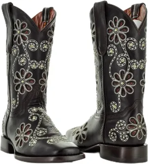 Soto Boots Womens Studded Flower Square Toe Cowboy Boots M50053