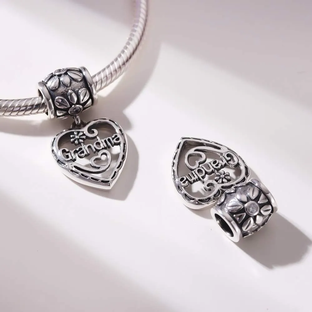 SOUKISS Grandma Heart Charms Authentic 925 Sterling Silver Family Love Mother Gifts Charm for European Bracelet