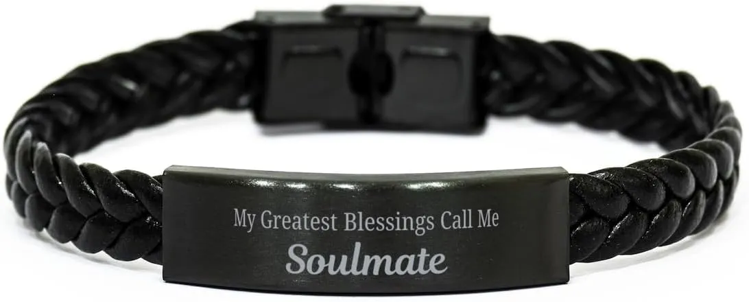 Soulmate Braided Leather Bracelet, My Greatest Blessings Call Me Soulmate Sentimental Heartfelt Christmas Birthday Engraved Gifts for Men Women