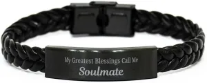 Soulmate Braided Leather Bracelet, My Greatest Blessings Call Me Soulmate Sentimental Heartfelt Christmas Birthday Engraved Gifts for Men Women