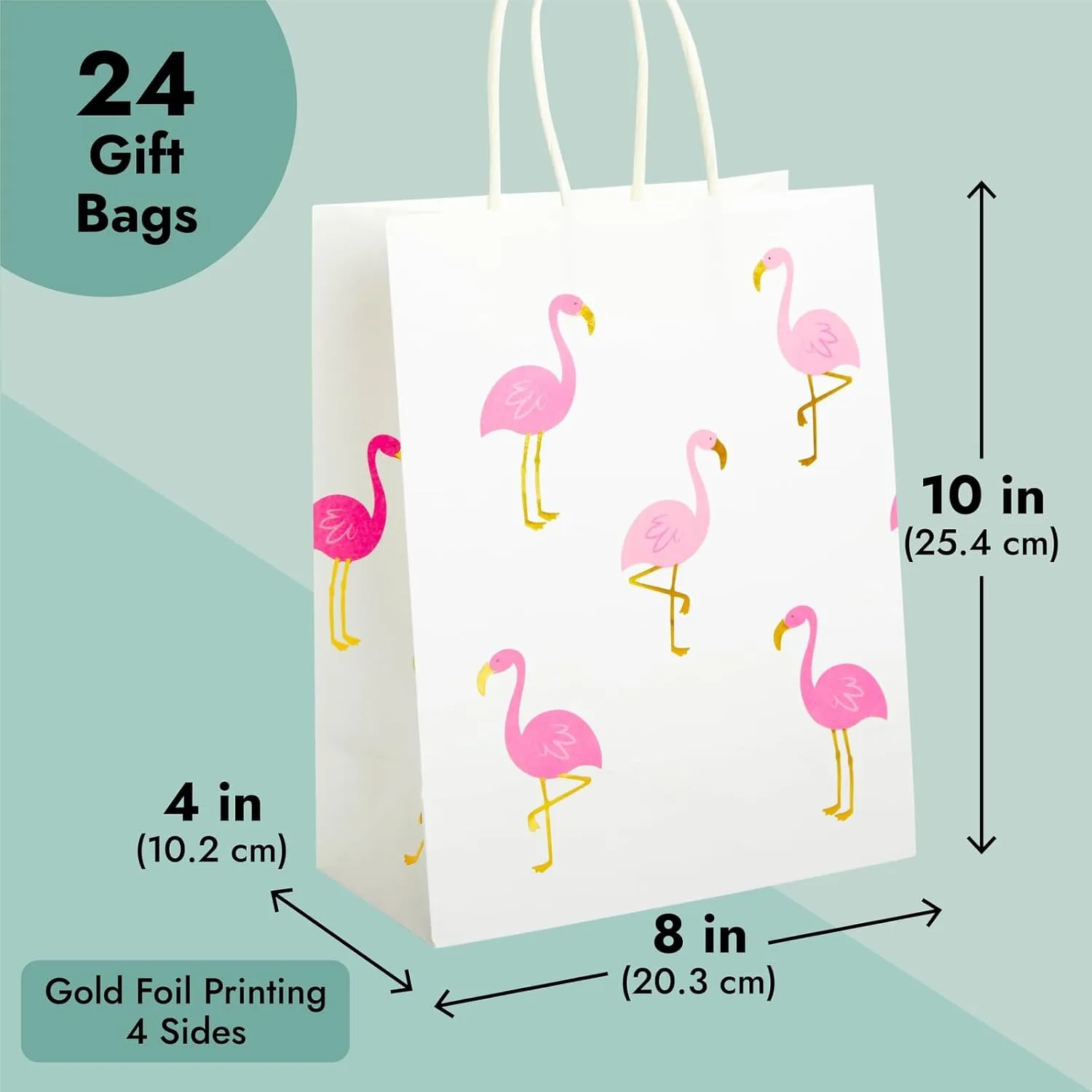Sparkle and Bash 24-Pack Flamingo Birthday Party Favor Gift Bags with Convenient Handles, Medium Size, 8x10x4 inches for Tropical-Themed Decorations (White, Pink Gold Foil Design)