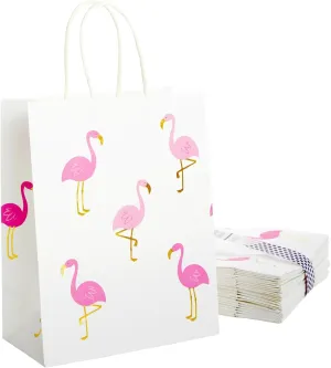 Sparkle and Bash 24-Pack Flamingo Birthday Party Favor Gift Bags with Convenient Handles, Medium Size, 8x10x4 inches for Tropical-Themed Decorations (White, Pink Gold Foil Design)