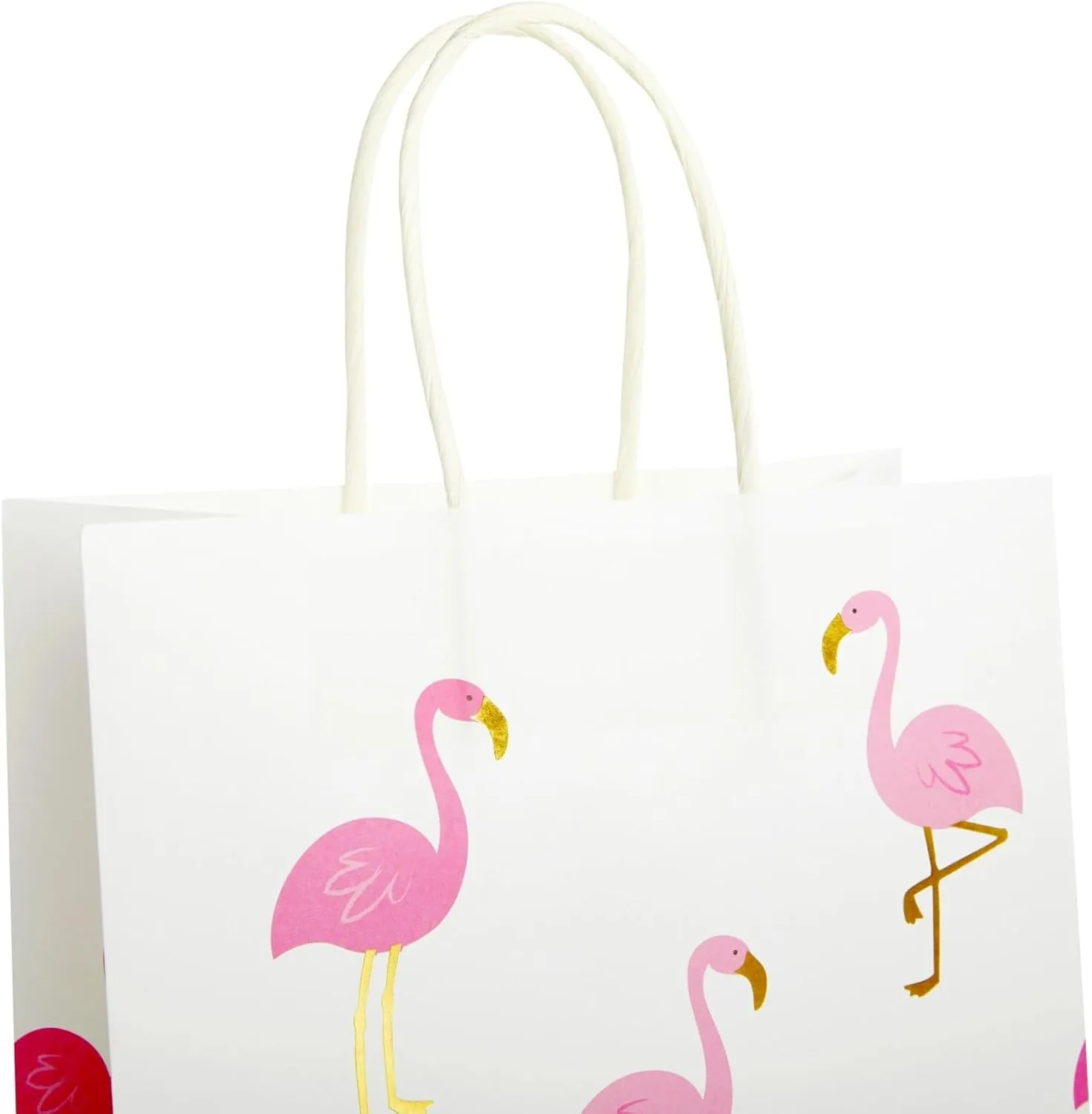 Sparkle and Bash 24-Pack Flamingo Birthday Party Favor Gift Bags with Convenient Handles, Medium Size, 8x10x4 inches for Tropical-Themed Decorations (White, Pink Gold Foil Design)