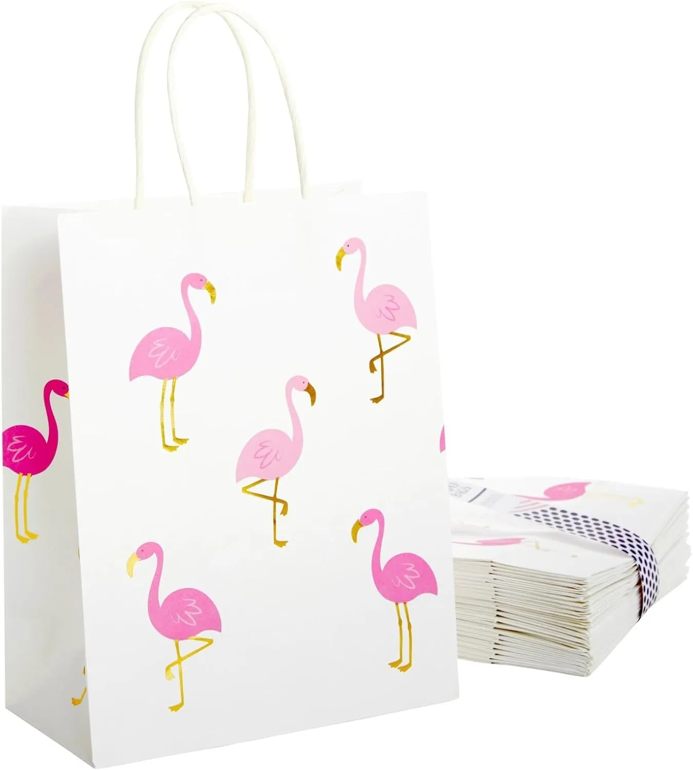 Sparkle and Bash 24-Pack Flamingo Birthday Party Favor Gift Bags with Convenient Handles, Medium Size, 8x10x4 inches for Tropical-Themed Decorations (White, Pink Gold Foil Design)