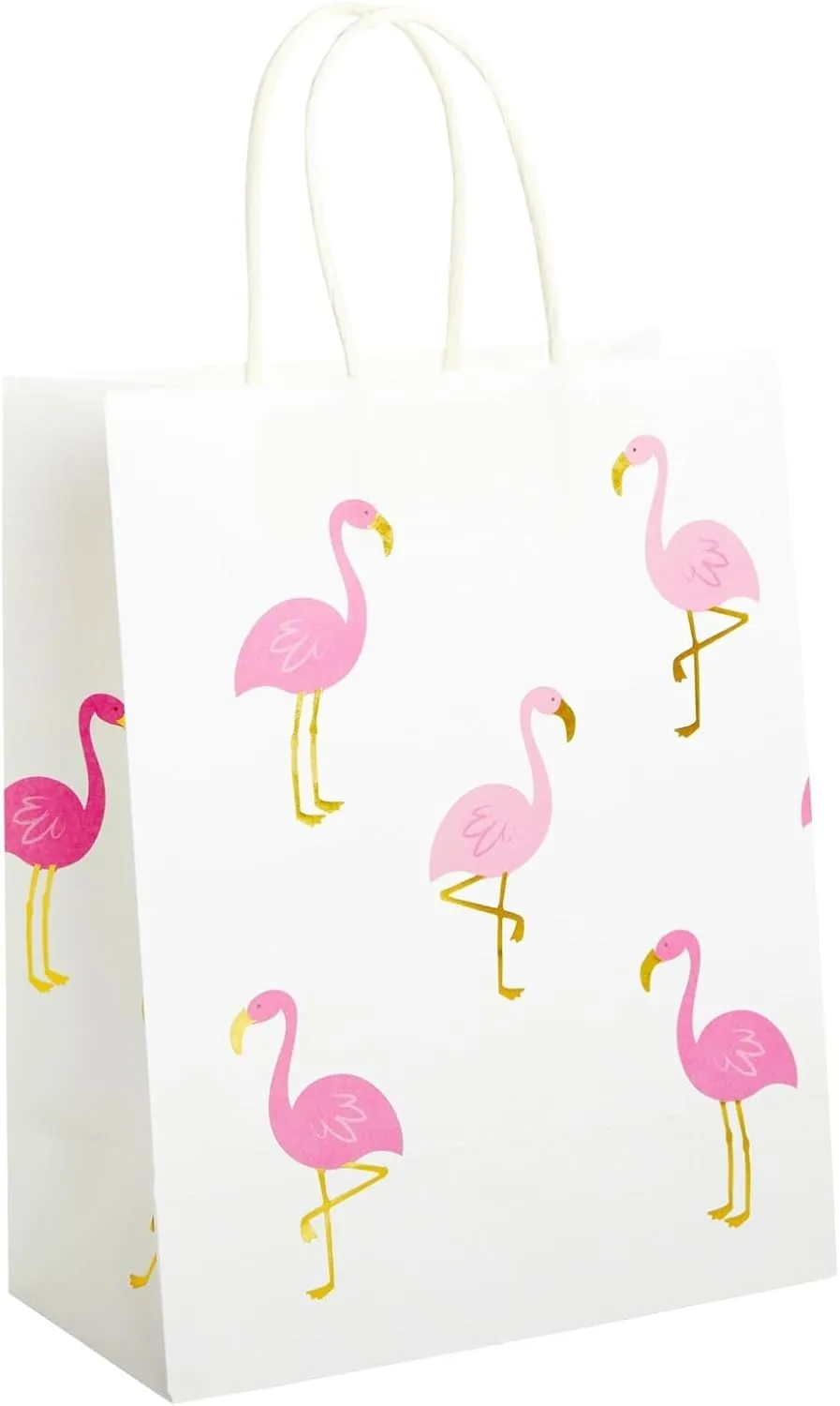 Sparkle and Bash 24-Pack Flamingo Birthday Party Favor Gift Bags with Convenient Handles, Medium Size, 8x10x4 inches for Tropical-Themed Decorations (White, Pink Gold Foil Design)