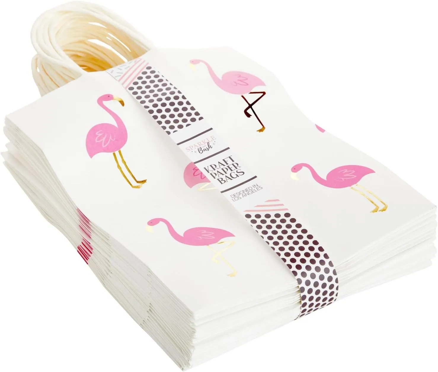 Sparkle and Bash 24-Pack Flamingo Birthday Party Favor Gift Bags with Convenient Handles, Medium Size, 8x10x4 inches for Tropical-Themed Decorations (White, Pink Gold Foil Design)