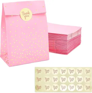 Sparkle and Bash Pink Gift Bag, Party Favor Bags with Gold Stickers (5.15 x 8.6 in, 36 Pack)