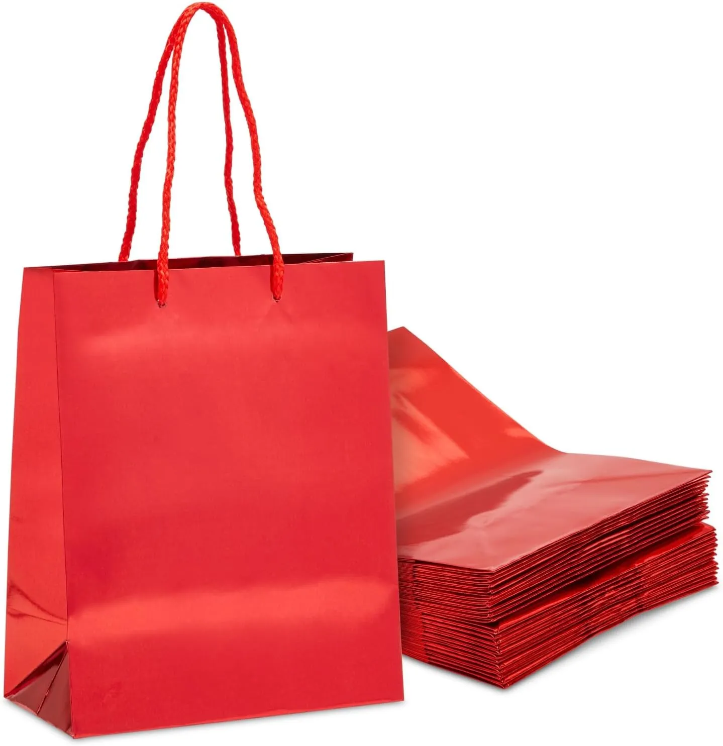 Sparkle and Bash Red Metallic Medium Gift Bags with Handles for Weddings, Birthdays (10 x 8 x 4.25 in, 24 Pack)