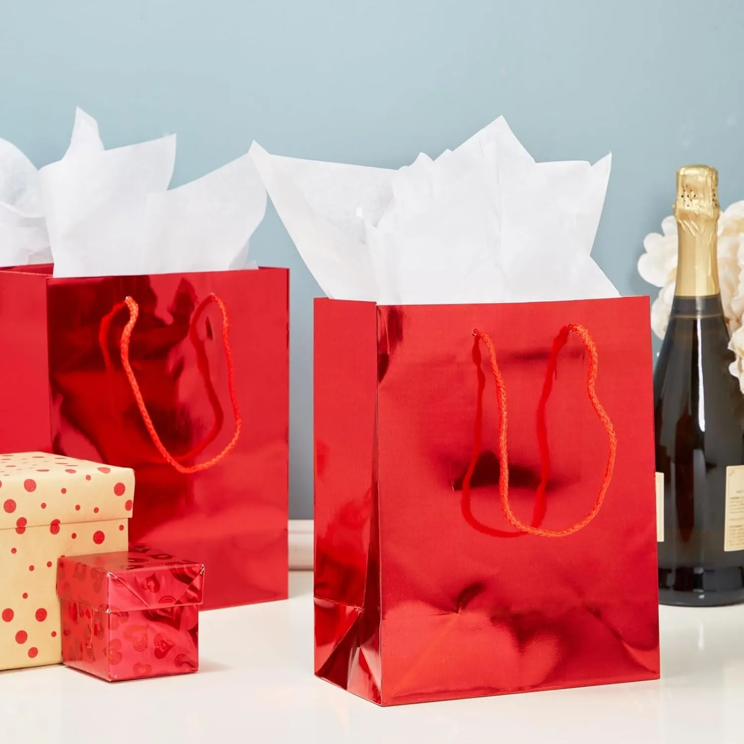 Sparkle and Bash Red Metallic Medium Gift Bags with Handles for Weddings, Birthdays (10 x 8 x 4.25 in, 24 Pack)