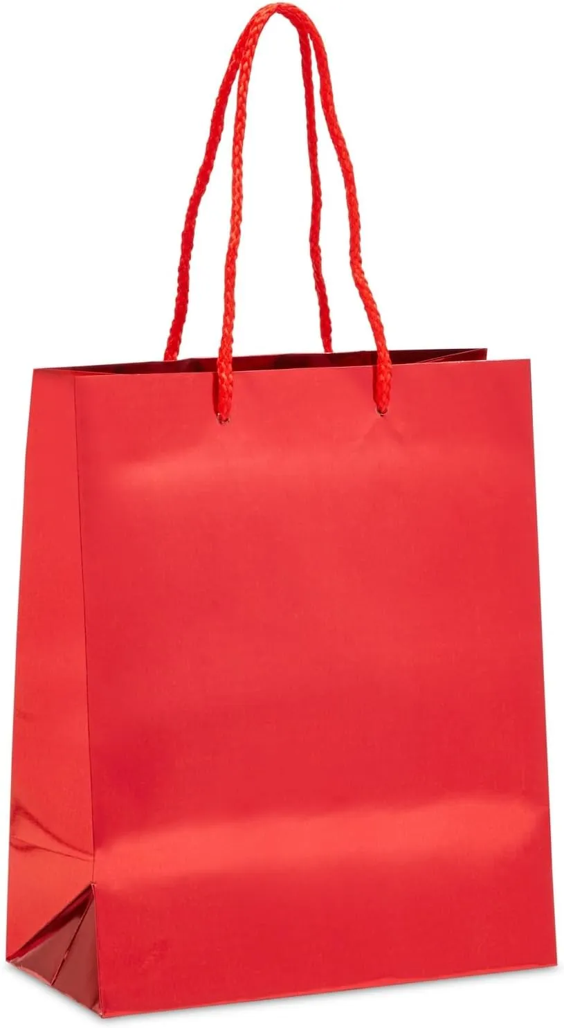 Sparkle and Bash Red Metallic Medium Gift Bags with Handles for Weddings, Birthdays (10 x 8 x 4.25 in, 24 Pack)